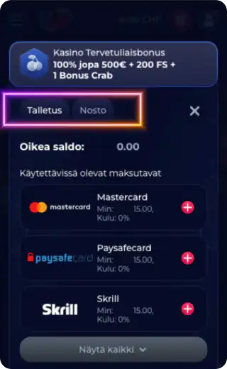 Viper Win Talletuksen ikkunassa voit valita talletuksen ja noston toiminnot